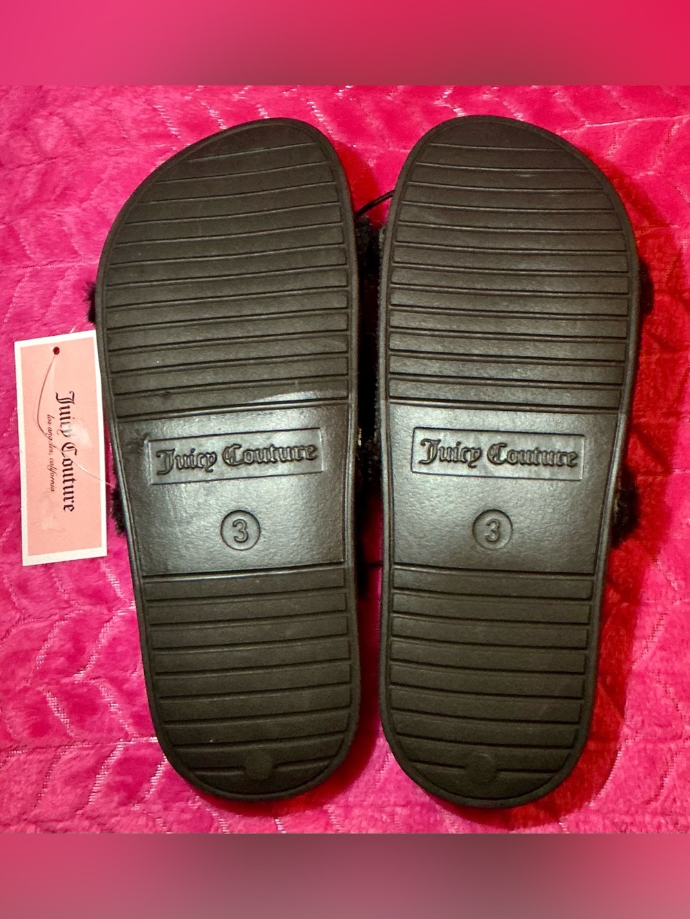 Juicy Couture Black Faux Fur Slide Slippers with Pink Crystal 'Juicy' Logo - Picture 2 of 2